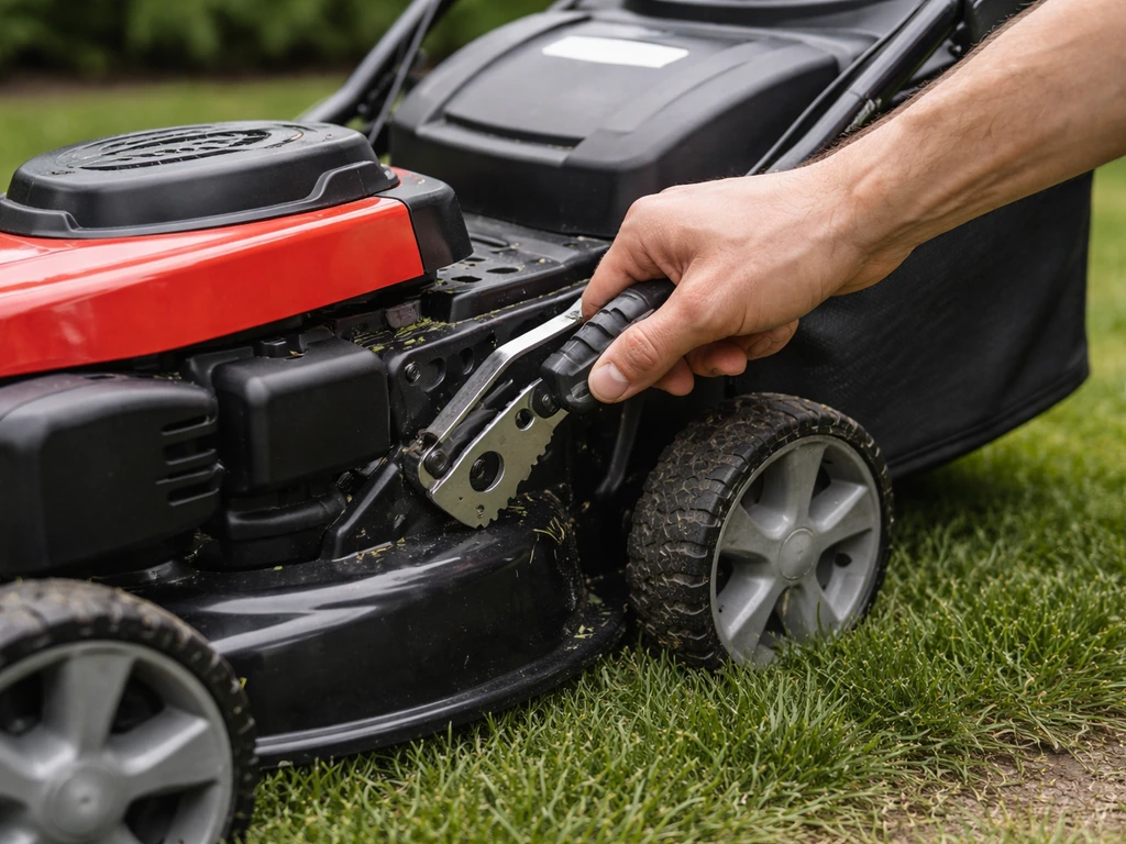 Main réglant la hauteur de coupe d’une tondeuse, herbe courte et rendu net sur petite surface