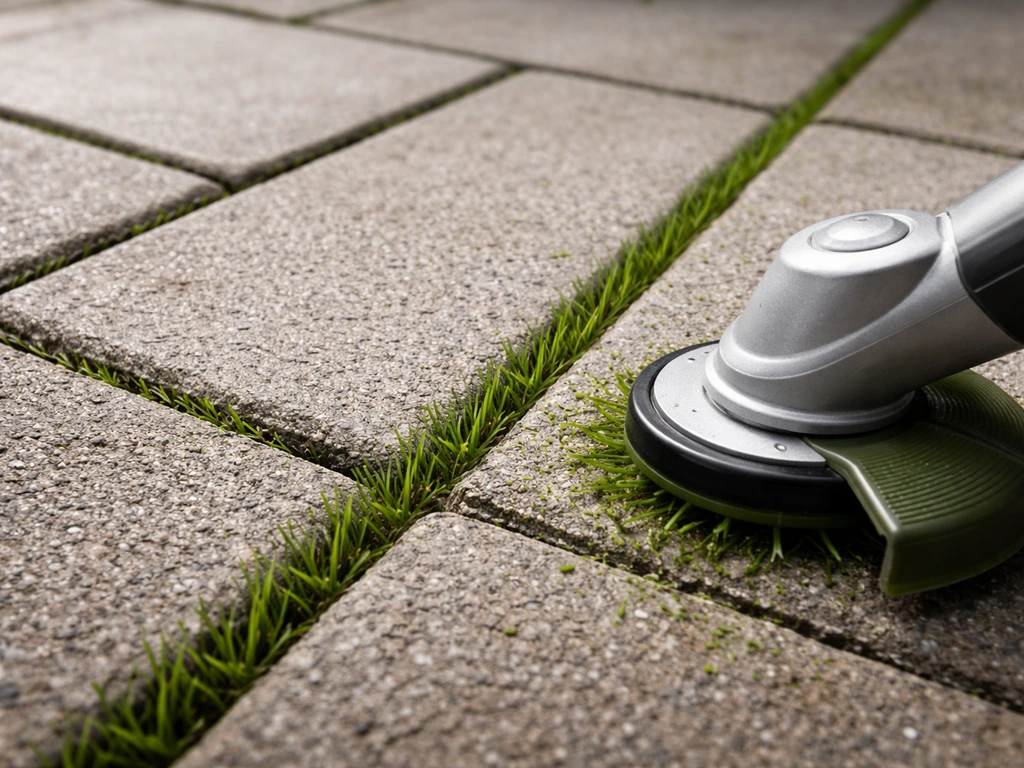 Terrasse en dalles : herbe coupée au ras entre les joints, coupe nette et joints préservés.
