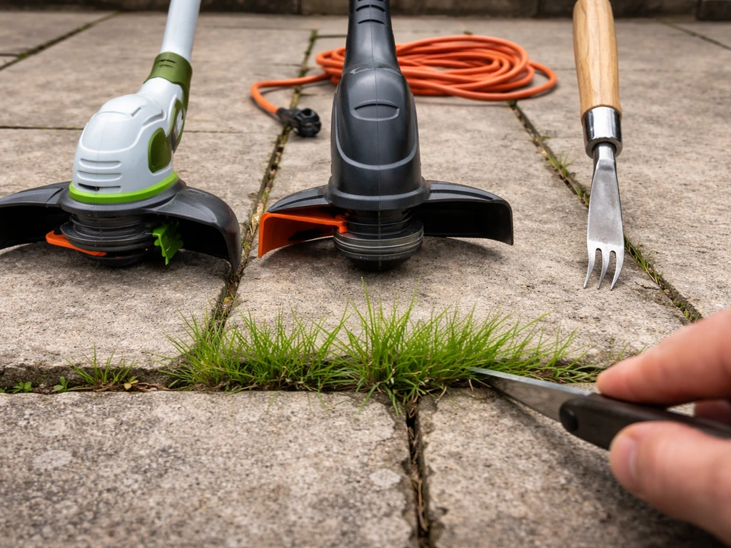 Outils de coupe (sur batterie, électrique, outil à joint) près de l’herbe entre des dalles, en gros plan.