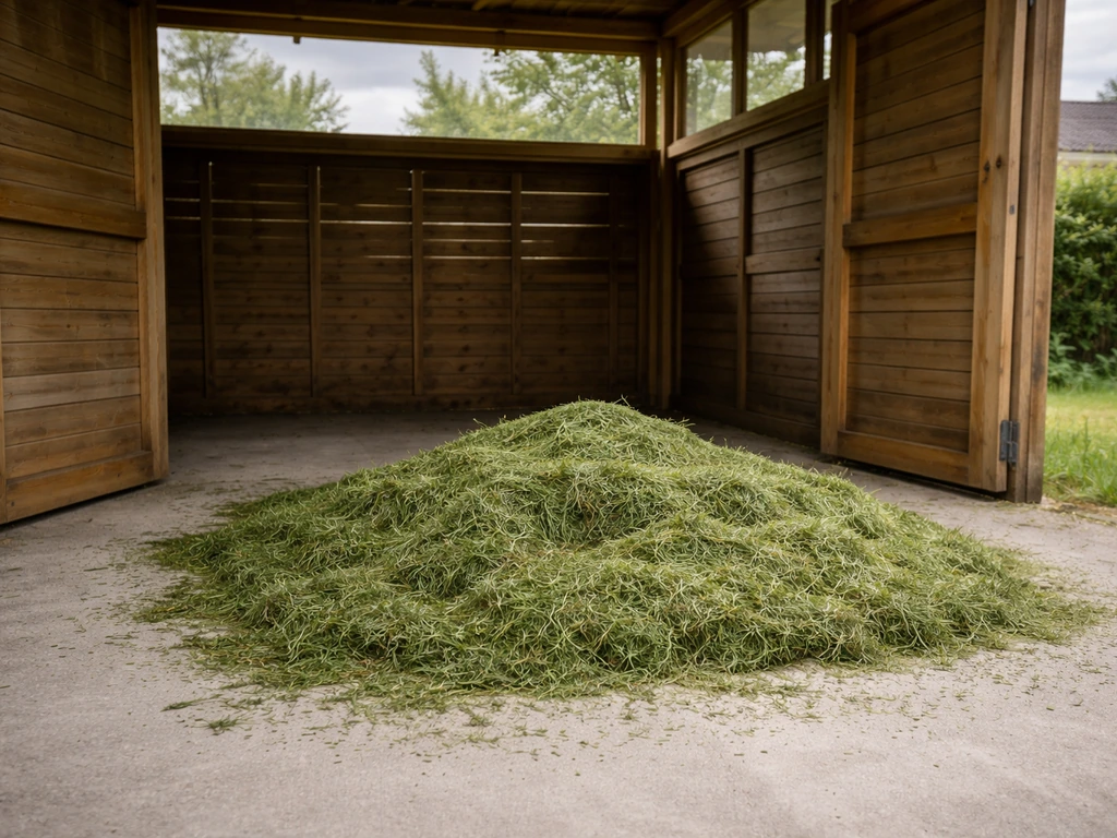 Herbe de tonte étalée sous un abri de jardin ventilé, portes ouvertes par temps incertain.