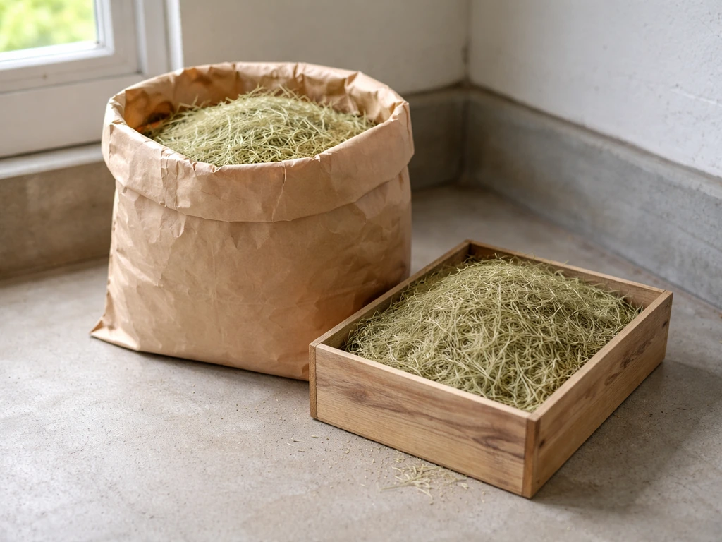 Herbe de tonte bien sèche stockée dans un sac en papier kraft et une caisse en bois, dans un garage.