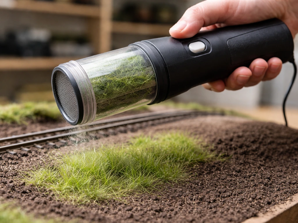 Applicateur d’herbe statique terminé en action sur une maquette ferroviaire, fibres redressées visibles.