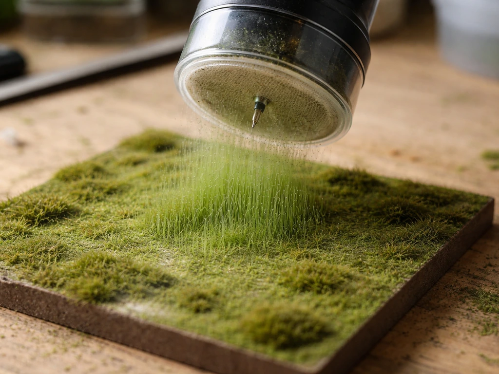 Micro-pelouse qui se dresse verticalement au-dessus d’une maquette sous une charge électrostatique.