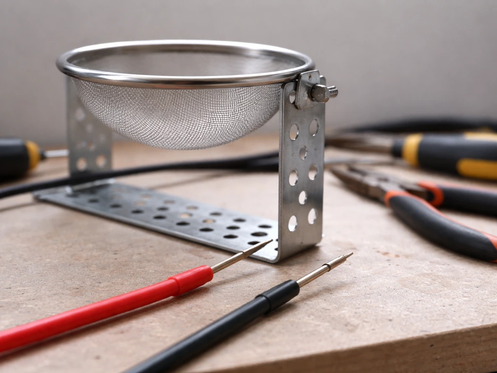Tamis inox à fines mailles fixé sur un support, perçages et fils HV/masse en préparation avant assemblage.
