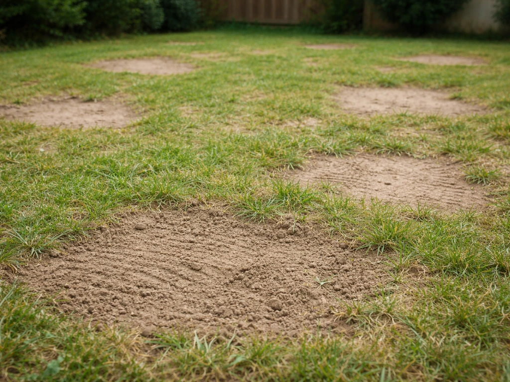 Pelouse Attila clairsemée, plaques dénudées et sol visible, zone prête à regarnir