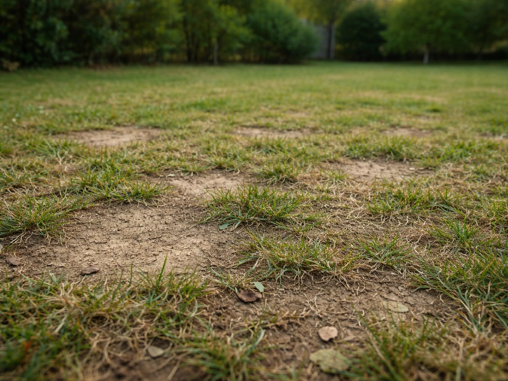 Vue rapprochée d’une pelouse clairsemée avec plaques de terre et brins d’herbe manquants à observer.