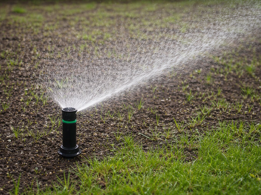 Arroseur réglé projetant une pluie fine sur une zone de gazon fraîchement semée, surface humide sans ruissellement.