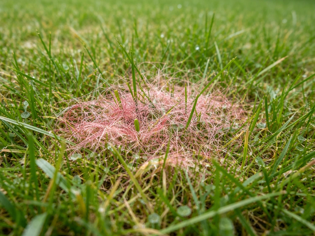 Gazon montrant des filaments rosés et rougeâtres liés à un champignon sur les brins