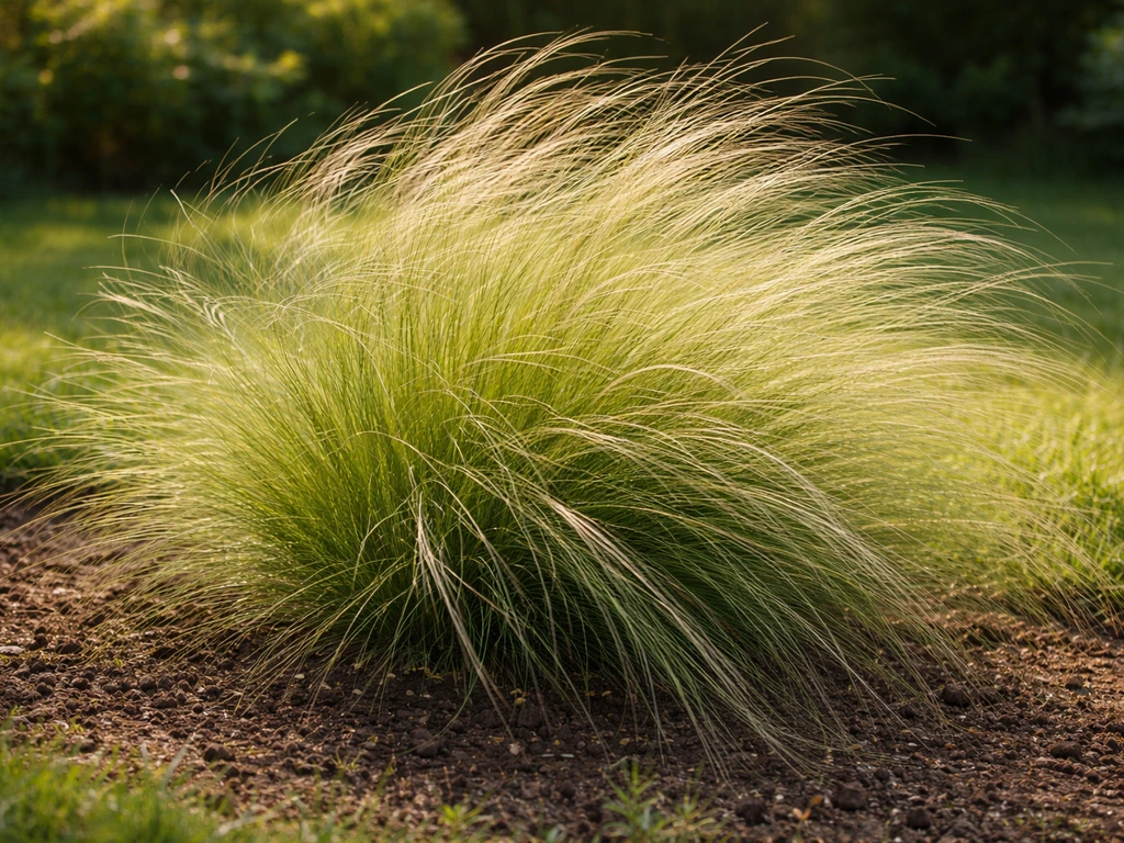 Touffe d’herbe cheveux d’ange au jardin, feuilles très fines et texture en avant-plan avant la taille.