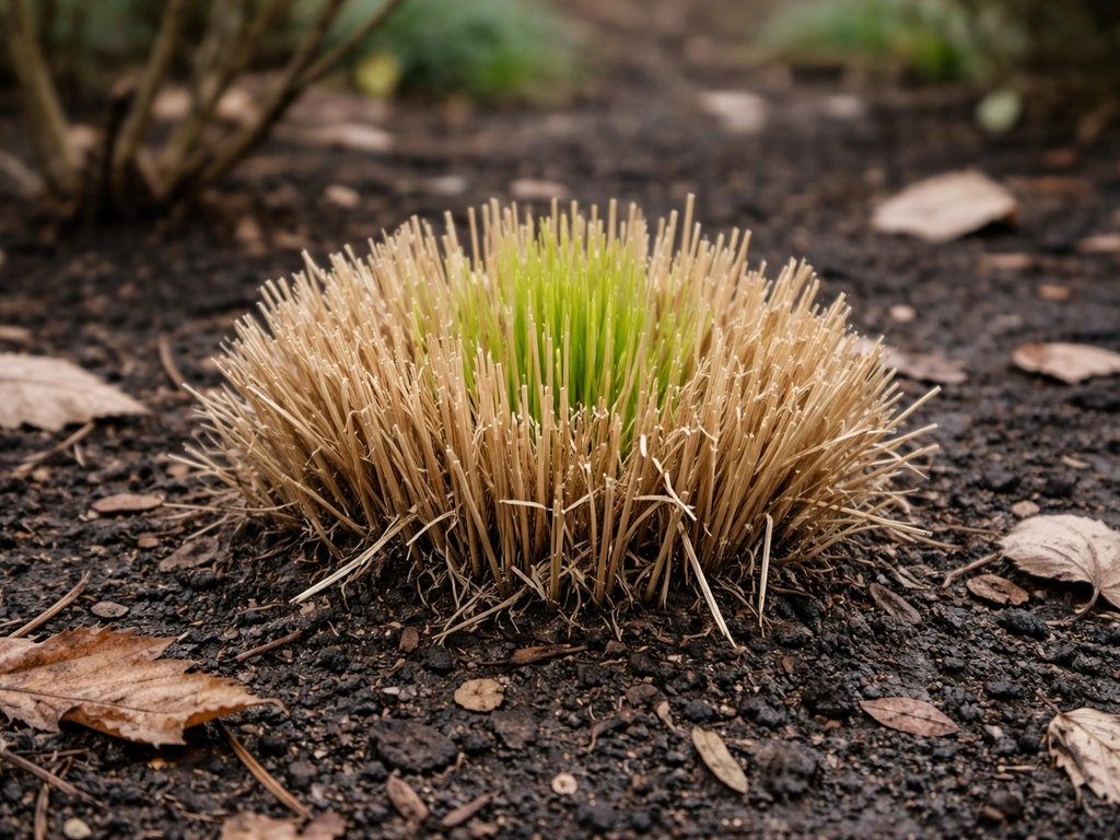 Jasmin-bien: touffe de Stipa taillée fin février, nouvelles pousses au pied, jardin minimal sous lumière naturelle.