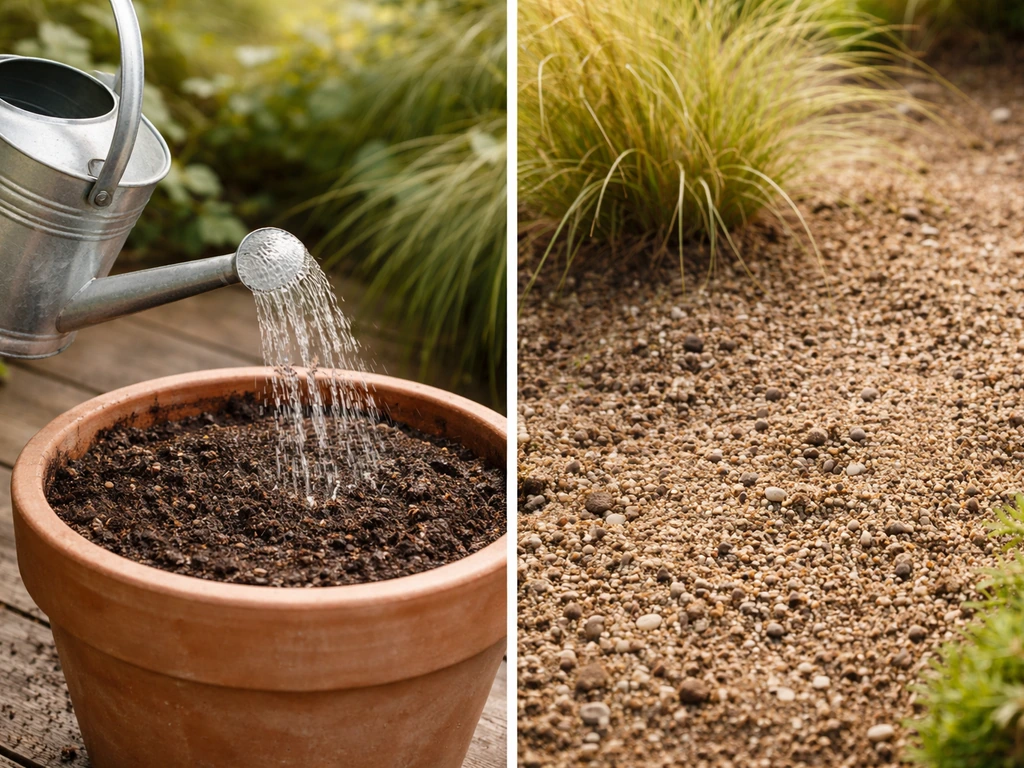 Arrosoir près d’un pot sur terrasse et, à côté, pleine terre drainante sans eau stagnante, après taille.