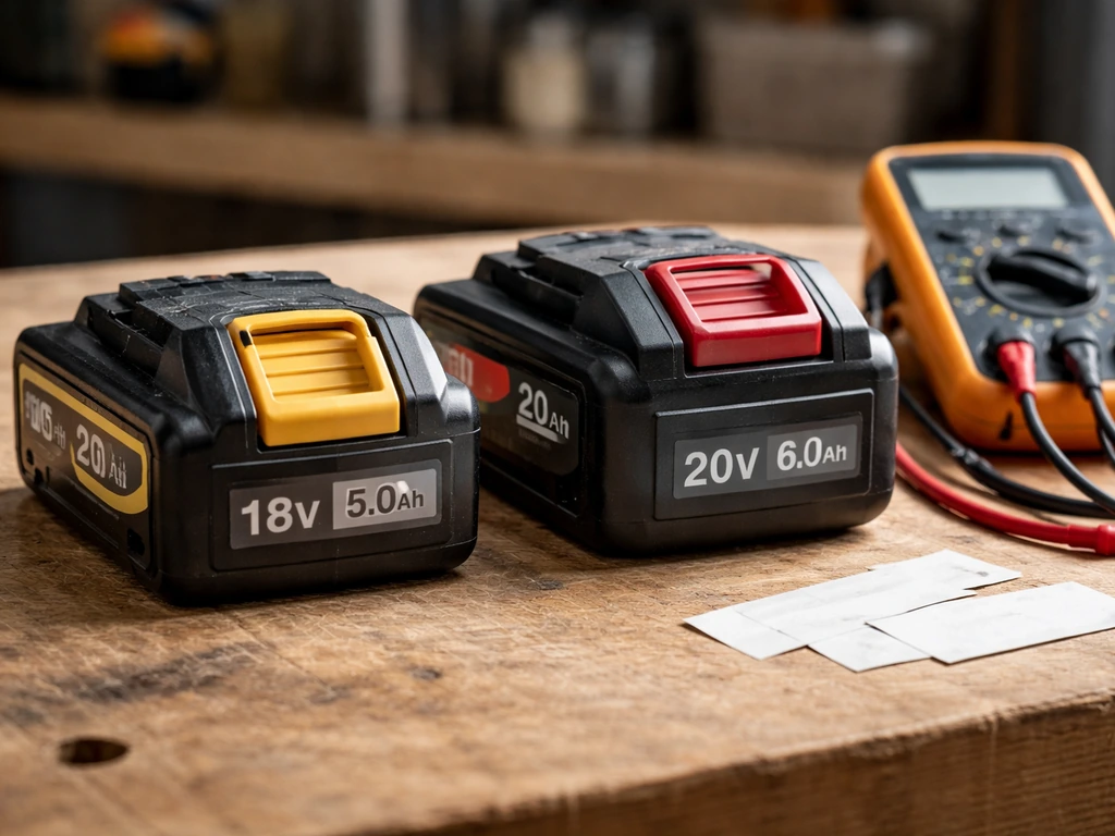 Deux batteries et un multimètre sur un établi, les chiffres de tension et caractéristiques attirent l’œil.