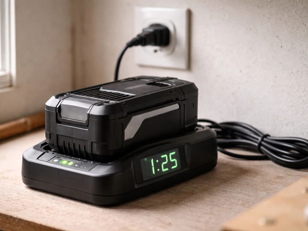 Batterie amovible sur un chargeur, avec minuterie/temps de charge visible sur l’appareil