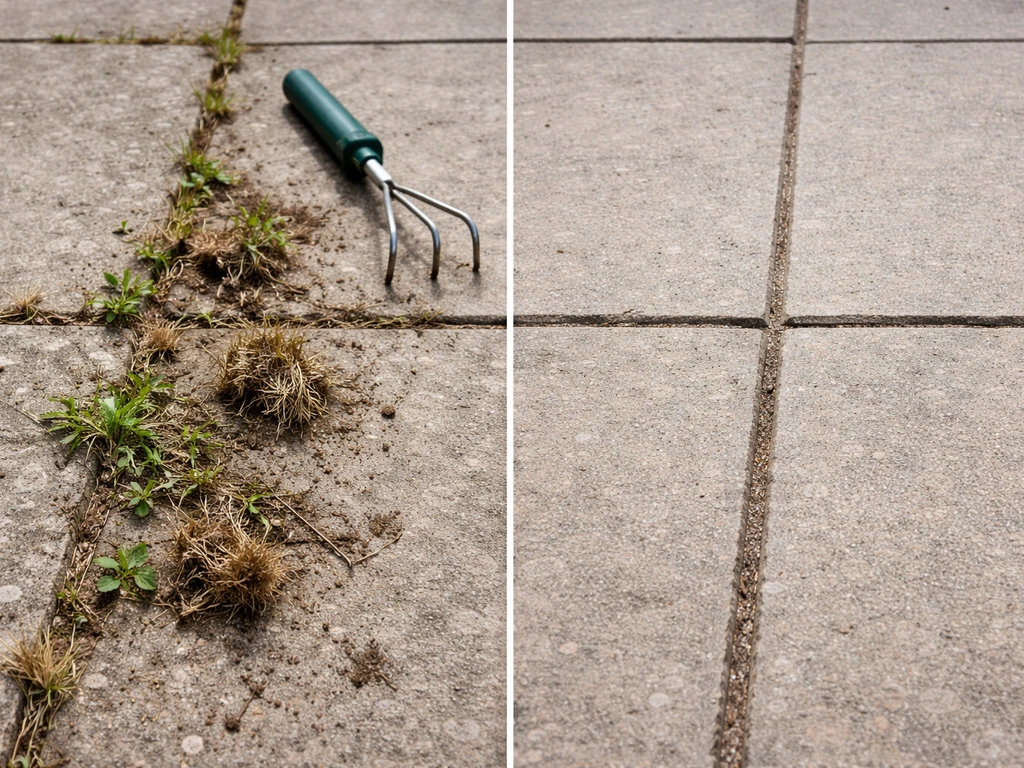 Allée de jardin avec mauvaises herbes arrachées entre les dalles, zone propre en contraste