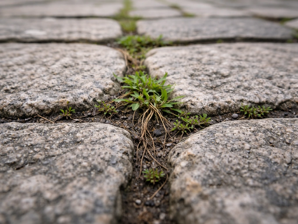 Gros plan de joints entre pavés avec herbes vertes, prêt pour un traitement précis des crevasses.