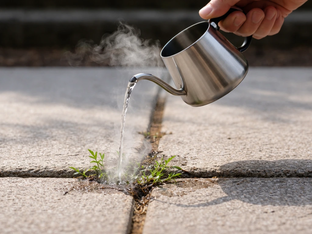 Eau bouillante versée avec précision à la base d’herbes entre des dalles de pierre, geste ciblé.